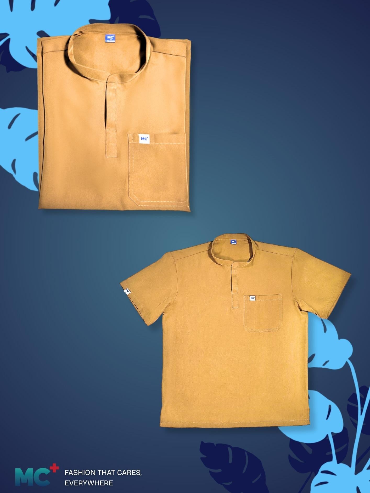 FlexMove Sandstone Mandarin Tops - Comfortable Durable Material Scrub Suit for Men Ideal for Work Environments