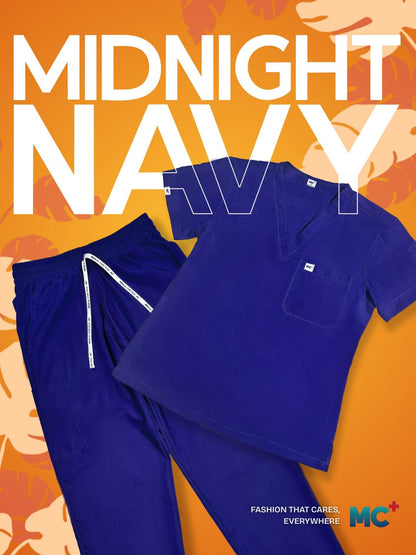 FlexMove Midnight Navy V-Neck Tops & Straight Cut Pants Set - Durable Material Scrub Suit for Women