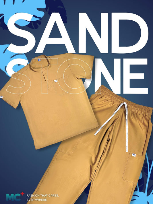 FlexMove Sandstone Mandarin Tops - Comfortable Durable Material Scrub Suit for Men Ideal for Work Environments