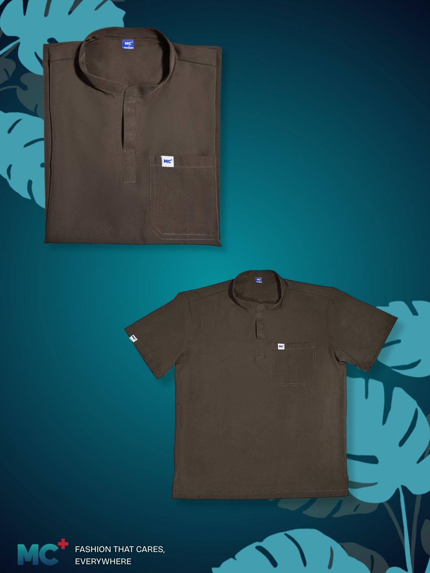 FlexMove Mocha Espresso Mandarin Tops - Comfortable Durable Material Scrub Suit for Men