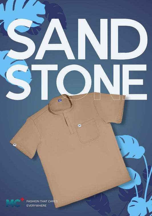 FlexMove Sandstone Mandarin Tops - Comfortable Durable Material Scrub Suit for Men Ideal for Work Environments