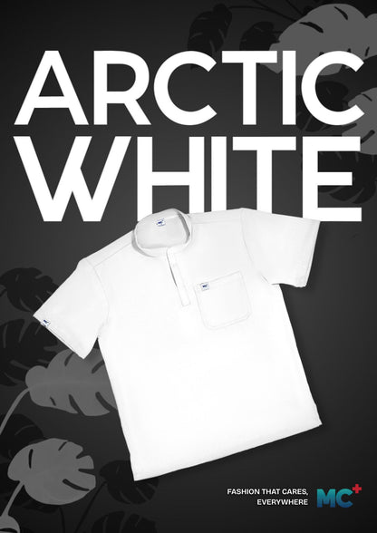 FlexMove Arctic White Mandarin Tops Comfortable Durable Material Scrub Suit for Women Ideal for Work Environments Reliability and Longevity