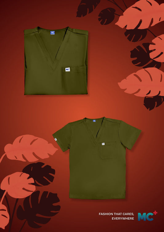FlexMove Olive Grove V-Neck Tops Comfortable Durable Material Scrub Suit for Men